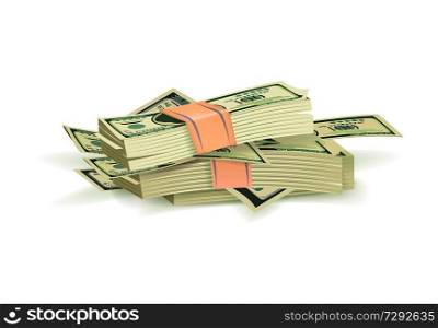 Heap of bundles of green dollar bills vector illustration isolated on white background. Hundred banknotes on pile, symbol of savings, wealth and profit. Bundle of Green Dollar Bills Vector Illustration