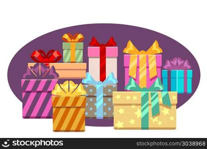 Heap of gift boxes with ribbon bows isolated over white. Heap of gift boxes with ribbon bows isolated over white. Heap box for christmas, vector illustration