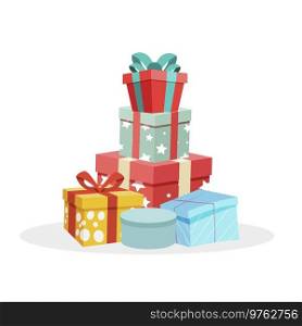 Heap of gifts in festive packaging. Pile giftboxes for xmas tree. Vector pile birthday box in colored wrapper illustration. Heap of gifts in festive packaging. Pile giftboxes for xmas tree