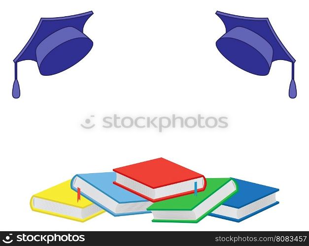 Heap of new colourful books and mortar boards isolated on the white background, vector illustration