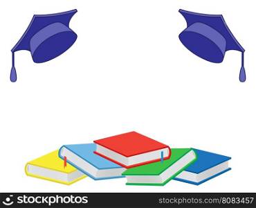 Heap of new colourful books and mortar boards isolated on the white background, vector illustration