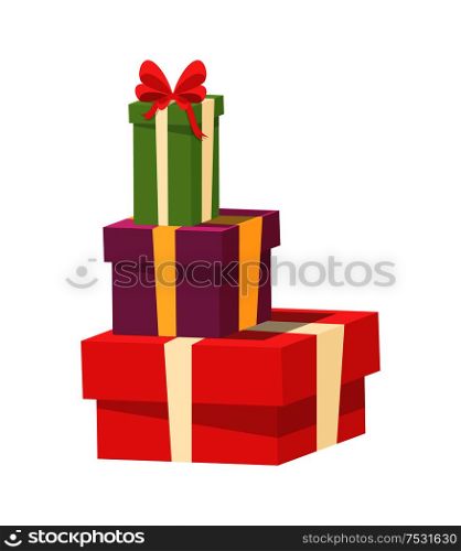 Heap of shopping packs with surprise inside, containers with bow. Christmas presents wrapped in gift boxes, vector packages in decorative paper isolated. Pile of Vector Wrapped Packages, Shopping Packs