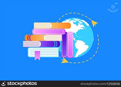 Heap of Textbooks and Earth Globe with Flying Paper Airplanes Around Isolated on Blue Background. Worldwide Education. School Attributes Stuff. Gradient Flat Vector Illustration, Icon, Sign, Symbol.. Heap of Textbooks on Earth Background Background.