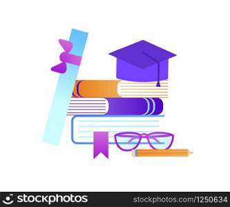 Heap of Textbooks with Academical Cap, Wrapped Scroll, Glasses and Pencil. Graduation and Education Stuff Isolated on White Background. Students Attributes. Flat Vector Illustration, Icon, Clip art.. Books, Scroll, Glasses, Pencil and Graduation Hat
