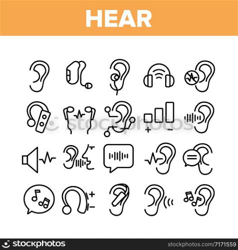 Hear Sound Aid Tool Collection Icons Set Vector Thin Line. Hear Music Earphones And Dynamic, Hearing Device And Volume Button Concept Linear Pictograms. Monochrome Contour Illustrations. Hear Sound Aid Tool Collection Icons Set Vector