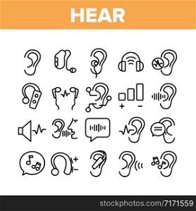 Hear Sound Aid Tool Collection Icons Set Vector Thin Line. Hear Music Earphones And Dynamic, Hearing Device And Volume Button Concept Linear Pictograms. Monochrome Contour Illustrations. Hear Sound Aid Tool Collection Icons Set Vector