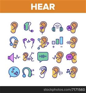 Hear Sound Aid Tool Collection Icons Set Vector Thin Line. Hear Music Earphones And Dynamic, Hearing Device And Volume Button Concept Linear Pictograms. Color Contour Illustrations. Hear Sound Aid Tool Collection Icons Set Vector