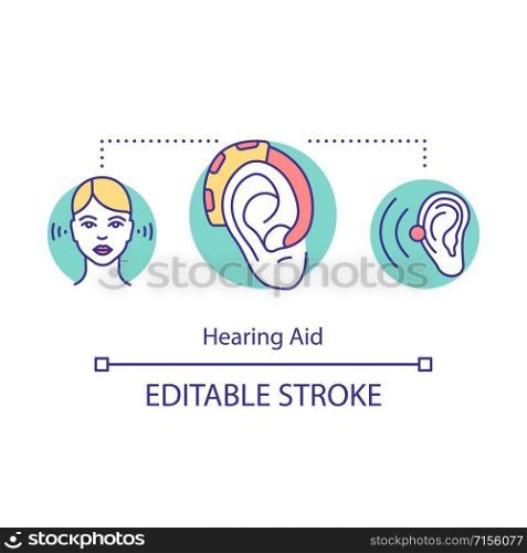 Hearing aid concept icon. Auditory prosthesis. Listening devices. Medical care. Heathcare. Biotechnology idea thin line illustration. Vector isolated outline drawing. Editable stroke