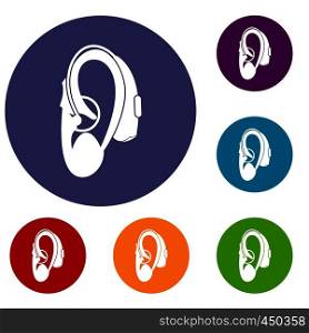 Hearing aid icons set in flat circle reb, blue and green color for web. Hearing aid icons set