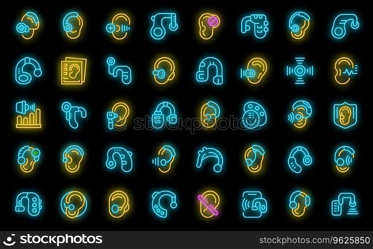 Hearing aid icons set outline vector. Ear loud. Medical healthcare neon color on black. Hearing aid icons set vector neon