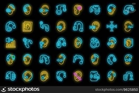 Hearing aid icons set outline vector. Ear loud. Medical healthcare neon color on black. Hearing aid icons set vector neon