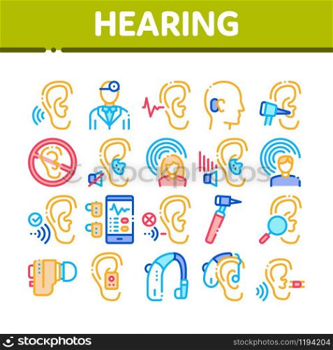 Hearing Human Sense Collection Icons Set Vector Thin Line. Hearing Aid Device And Earphone. Doctor And Medical Equipment For Research Concept Linear Pictograms. Color Contour Illustrations. Hearing Human Sense Collection Icons Set Vector
