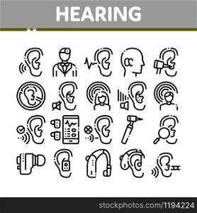 Hearing Human Sense Collection Icons Set Vector Thin Line. Hearing Aid Device And Earphone. Doctor And Medical Equipment For Research Concept Linear Pictograms. Monochrome Contour Illustrations. Hearing Human Sense Collection Icons Set Vector
