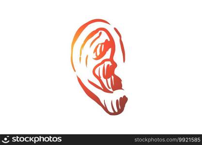 Hearing, listen, ear, deaf, care, medicine concept. Hand drawn human ear, symbol of hearing concept sketch. Isolated vector illustration.. Hearing, listen, ear, deaf, care, medicine concept. Hand drawn isolated vector.