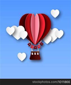 Heart air balloon. Paper cut hot air balloon with white clouds in heart shape happy valentines day invitation card vector 3d celebrate romantic concept. Heart air balloon. Paper cut hot air balloon with white clouds in heart shape happy valentines day invitation card vector concept