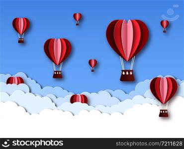 Heart air balloon. Paper cut hot air balloons origami made heart shape. Valentines day greeting invitation card vector romantic love celebrate illustration. Heart air balloon. Paper cut hot air balloons origami made heart shape. Valentines day greeting invitation card vector illustration