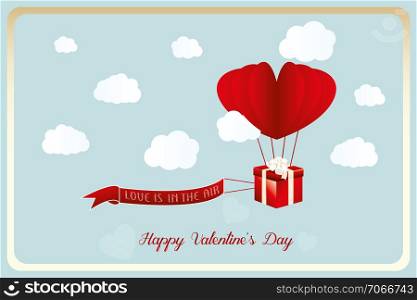 Heart air balloon with flying gift for Valentine and flying banner with words love is in the air, card template