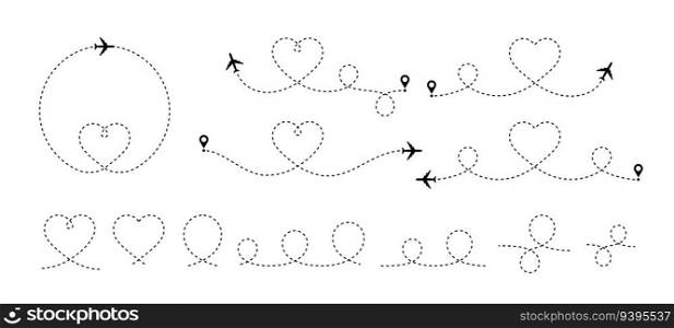Heart airplane. Plane with dashed line in heart shape, travel love Valentine day romantic concept. Honeymoon journey, aircraft trip vector stroke editable set. Different flight route with curves. Heart airplane. Plane with dashed line in heart shape, travel love Valentine day romantic concept. Honeymoon journey, aircraft trip vector stroke editable set