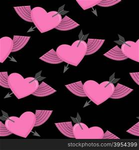 Heart and arrow symbol of love. Winged heart seamless pattern. Background for Valentine&rsquo;s day. Heart with Angel Wings on a black background. Vector illustration