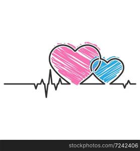 Heart and cardiogram pulse. Doodle style. Contour vector illustration isolated on a white background