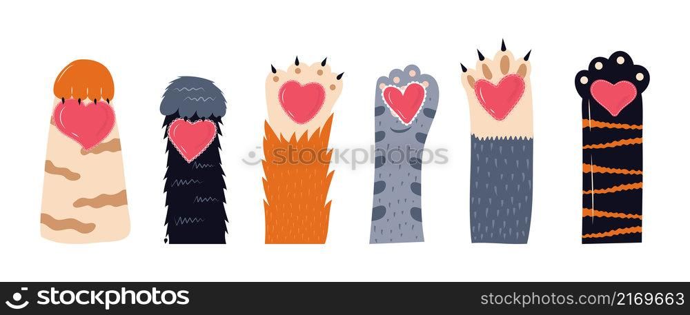 Heart and cats paw vector set. Pet feet in hand drawn style. Paws of fluffy, pretty, friendly kittens holding openwork heart. Legs of domestic animals.. Heart and cats paw vector set. Pet feet in hand drawn style. Paws of fluffy, pretty, friendly kittens holding openwork heart.
