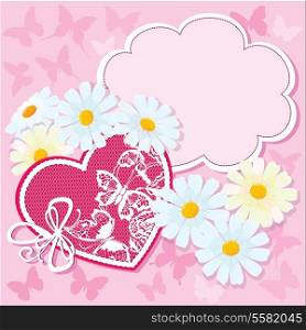 Heart and daisies on a pink background with butterflies. valentine card
