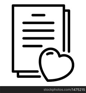 Heart and documents icon. Outline heart and documents vector icon for web design isolated on white background. Heart and documents icon, outline style