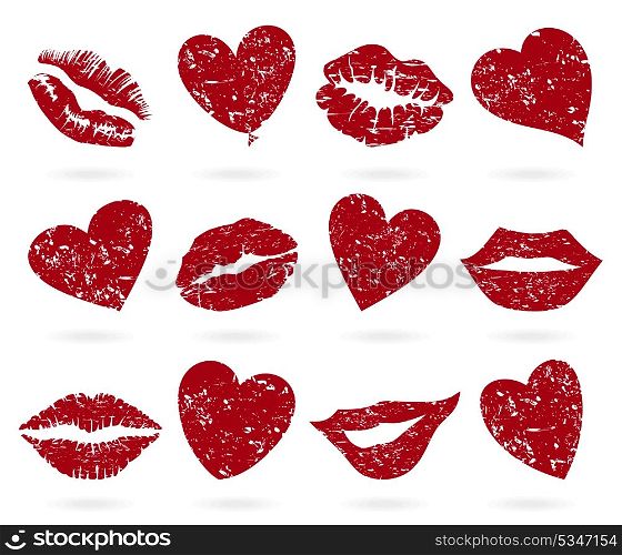 Heart and lips. Icon of lips and hearts of red colour. A vector illustration