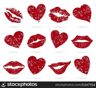 Heart and lips. Icon of lips and hearts of red colour. A vector illustration