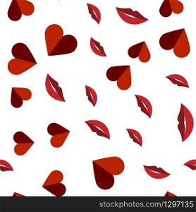Heart and red lips on a white background.For fabric, baby clothes, background, textile, wrapping paper and other decoration. Vector seamless pattern EPS 10