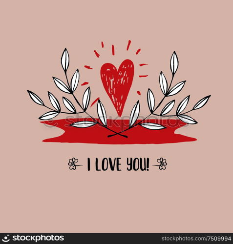 Heart and ribbon with lettering. Hand-drawn. Vector illustration. I love you.