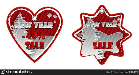 Heart and star shape Red New Year, christmas sale paper tags set with paper cut elements with discount text for christmas holiday shopping promotion. Vector illustration.. Heart and star shape Red New Year, christmas sale