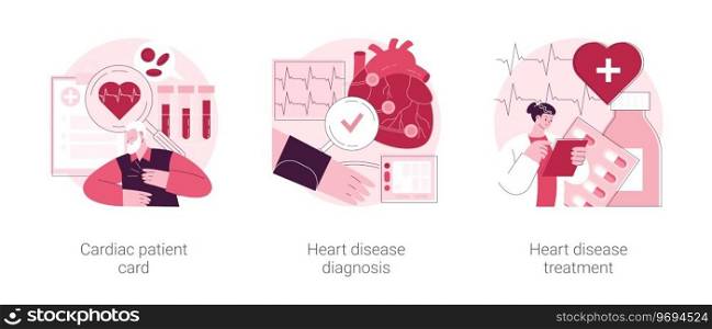 Heart attack abstract concept vector illustration set. Cardiac patient card, heart disease diagnosis and treatment, blood test, hospital care, heartbeat rate and chest pain abstract metaphor.. Heart attack abstract concept vector illustrations.