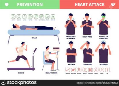 Heart attack. Cardiac disease brochure, symptoms and prevention. Adult illness, chest pain and pressure. Vector health infographic poster. Chest pain before attack cardiac, healthcare physical. Heart attack. Cardiac disease brochure, symptoms and prevention. Adult illness, chest pain and pressure. Vector health infographic poster