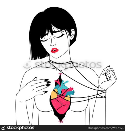 Heart attack woman. Virus and infarction open chest girl, women suffering pain misunderstanding spiritual torment vector illustration. Heart attack woman