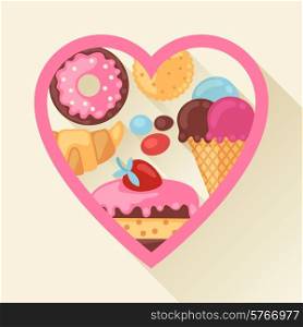 Heart background with colorful candy, sweets and cakes.