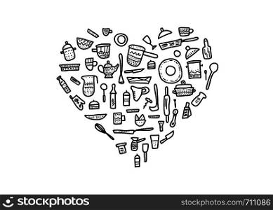 Heart badge of vector kitchen equipments in doodle style. Collection of kitchen dishes and tools objects isolated on white background.