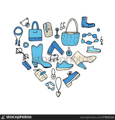 Heart badge of woman shoes and accessories set in doodle style. Collection of female fashion and beauty symbols. Vector illustration.