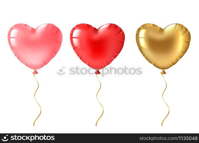 Heart balloon. Cute gold, pink and red heart shaped balloons decor, valentines day design element for romantic greeting card 3d vector flying foil ball set. Heart balloon. Cute gold, pink and red heart shaped balloons decor, valentines day design element for romantic greeting card 3d vector set