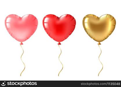 Heart balloon. Cute gold, pink and red heart shaped balloons decor, valentines day design element for romantic greeting card 3d vector flying foil ball set. Heart balloon. Cute gold, pink and red heart shaped balloons decor, valentines day design element for romantic greeting card 3d vector set