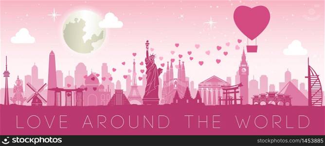 heart balloon scatter hearts that mean love to world landmarks to tell sending love to everyone,vector illustration