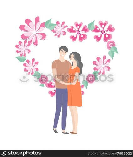 Heart banner of spring flowers and students in love, male and female isolated cartoon characters. Vector guy and brunette girl in red dress, teenage people. Heart Banner Spring Flowers and Students in Love