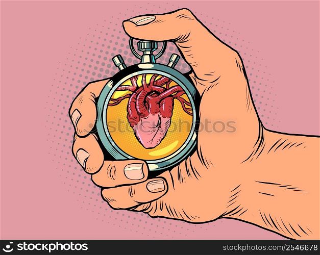 heart beat, heart rate medicine health sports stopwatch, speed meter. Time clock arrows are an accurate instrument. Run Pop art retro vector illustration comic caricature 50s 60s style vintage kitsch. heart beat, heart rate medicine health sports stopwatch, speed meter. Time clock arrows are an accurate instrument. Run