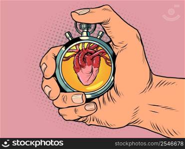 heart beat, heart rate medicine health sports stopwatch, speed meter. Time clock arrows are an accurate instrument. Run Pop art retro vector illustration comic caricature 50s 60s style vintage kitsch. heart beat, heart rate medicine health sports stopwatch, speed meter. Time clock arrows are an accurate instrument. Run