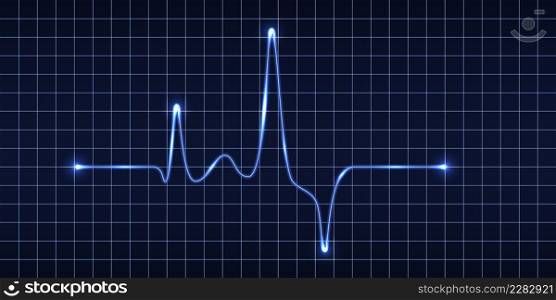 Heart beat pulse monitor, blue electric wave signal, oscilloscope graph. Electrocardiogram line graph with light glow effect. Technology vVector illustration