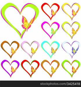 Heart Butterfly Set in different colors over white background, Vector Illustration