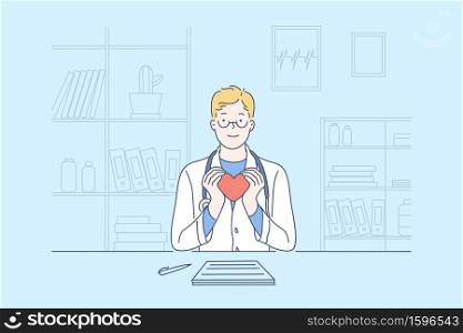 Heart, cardiology, health, medicine concept. Young happy doctor cardiologist, holding a model of the heart in his office clinic. Professor gives a lecture with a smile. Simple flat vector.. Heart, cardiology, health, medicine