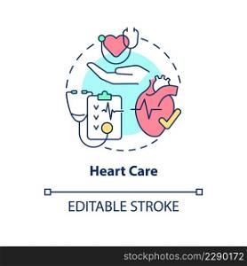 Heart care concept icon. Cardiology department. Service of medical center abstract idea thin line illustration. Isolated outline drawing. Editable stroke. Arial, Myriad Pro-Bold fonts used. Heart care concept icon