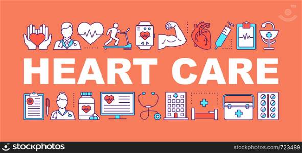 Heart care word concepts banner. Cardiology. Cardiovascular disease treatment and diagnosis. Isolated lettering typography idea with linear icons. Vector outline illustration. Heart care word concepts banner