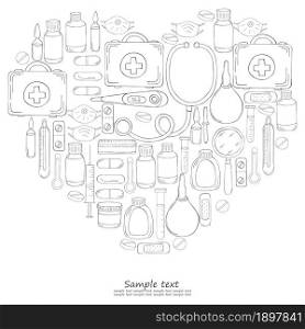 Heart Coloring of vector illustrations, text. Set of doctor&rsquo;s tools in hand draw style. Ambulance doctor tools, medical case, medications, stethoscope, masks. Monochrome medical illustrations. Coloring pages, black and white